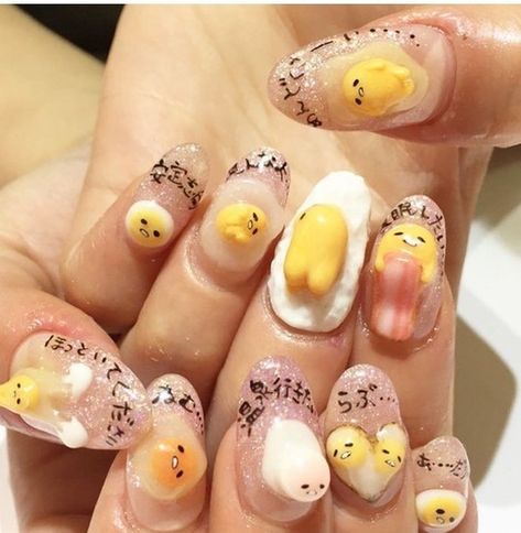 Cute Character Nail Art, Hangyodon Nails, Gudetama Makeup, Gudetama Nails, Pompompurin Nails, Ponyo Nails, Rilakkuma Nails, Doodle Nails, Tokyo Nails