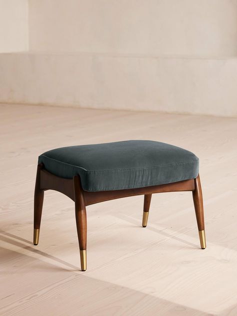 Taking cues from vintage-inspired designs at 40 Greek Street, our Theodore footstool will add a fresh focal point to your living space. It has a comfortable, deep-sit shape with a down and feather-wrapped foam cushion upholstered in rich velvet. The Tapered birch-wood frame and brass detailing on the legs complement the clean lines. Tapered birch-wood frame Brass-detailed legs Upholstered in cotton velvet Feather and down-wrapped foam cushion Inspired by 40 Greek Street Matching Armchair availab Mid Century Modern Footstool, Thesis Ideas, Modern Footstool, Stool Ottoman, Upholstered Footstool, Leather Footstool, Soho Home, Room Upgrade, House Bedrooms