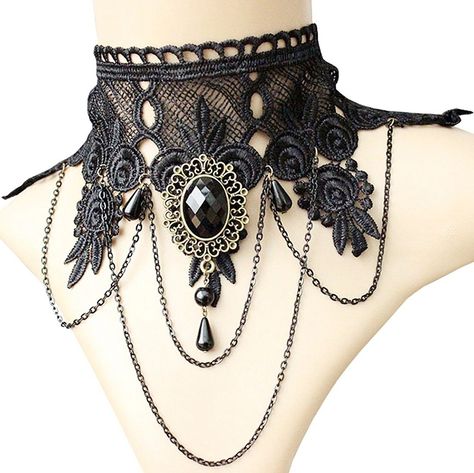 Steampunk Costume Essentials for Women Aniwon Punk Wedding Party Black Lace Choker Beads Chain Pendant Necklace Earring Bracelet for Women $7.99 AT vintagedancer.com Black Lace Choker Necklace, Gothic Choker Necklace, Lace Skull, Black Lace Choker, Lace Choker Necklace, Gothic Chokers, Black Lace Shorts, Choker Collar Necklace, Lace Choker