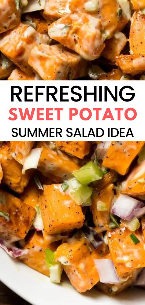 Salad Recipes With Sweet Potato, Sweet Potato Picnic Recipes, Potato Salad With Sweet Potatoes, Summer Sweet Potato Salad, Sweet Potato Pasta Salad, Cold Sweet Potato Recipes, Sweet Potato Potato Salad, Warm Sweet Potato Salad, Sweet Potatoe Salad Recipes