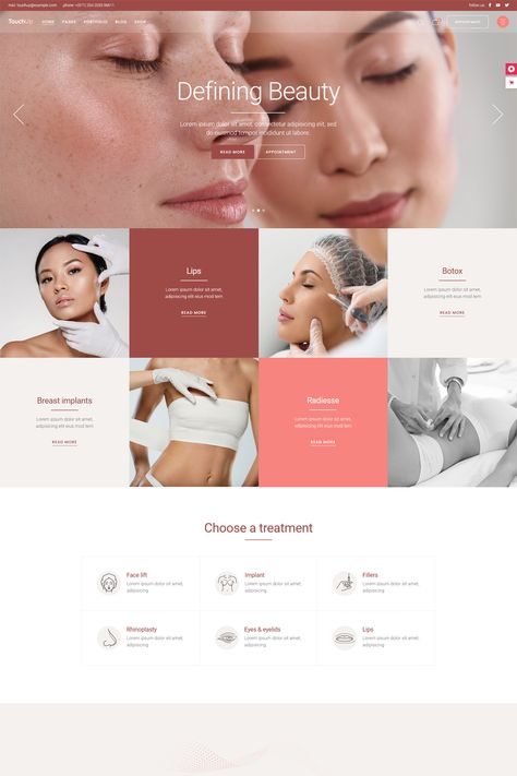 The "TouchUp" WordPress theme is a specialized theme designed for cosmetic and plastic surgery clinics, beauty centers, and related medical services. It offers a range of features and customization options to create a professional and visually appealing website for your cosmetic surgery practice. Medspa Website Design, Beauty Salon Website Design, Aesthetic Beauty Salon, Beauty Website Design, Esthetician Website, Salon Website Design, Beauty Banner, Beauty Web, Spa Hair