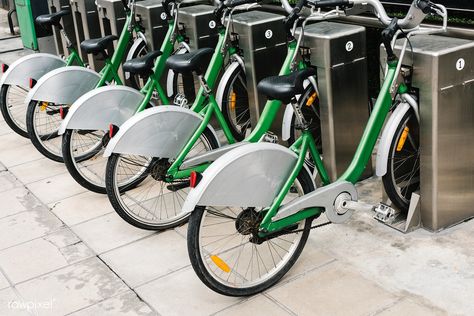 Row of parked rental bikes | free image by rawpixel.com Electric Bicycles, Push Bikes, Bicycle Parking, Bike Rental, Green City, Public Transportation, The Revolution, Electric Bicycle, Delhi India