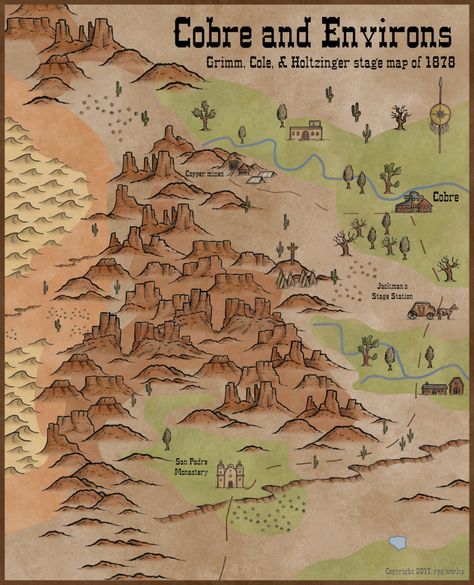 ProFantasy Community Forum - Cobre & Environs (more Deadlands) West Map, Game Level Design, Old West Town, Fantasy World Map, Savage Worlds, Tabletop Rpg Maps, Drawn Map, Western Artist, Dungeon Maps