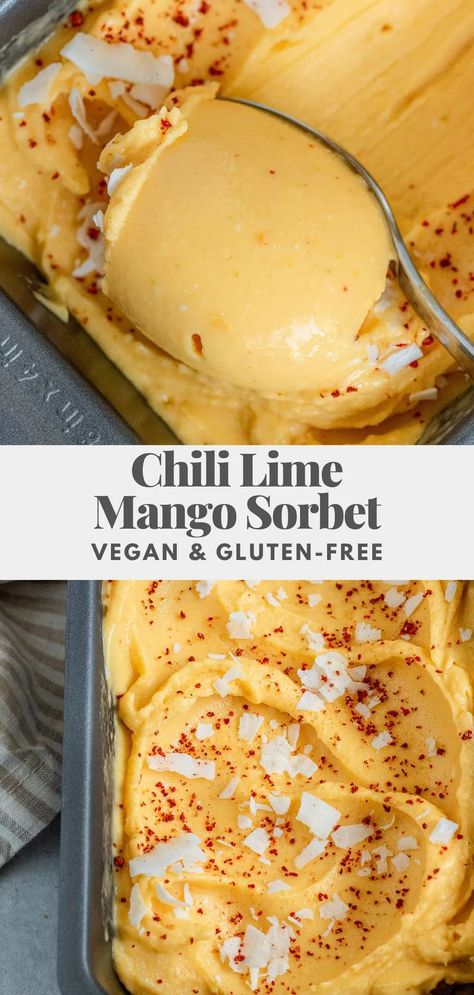 Mango Sorbet Recipe, Healthy Vegan Dessert, Mango Desserts, Patisserie Vegan, Sorbet Recipe, Lime Sorbet, Chili Spices, Coconut Bowls, Summertime Recipes