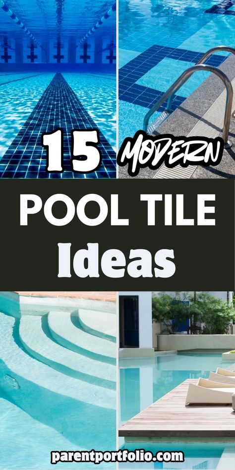 Image highlights 15+ modern pool tile ideas with a mix of vibrant, sleek designs. Includes close-up views of patterned pool tiles, steps with gradient tile finishes, and elegant pools surrounded by minimalistic decking. The bold title, “15+ Modern Pool Tile Ideas,” is displayed prominently in white and black text, emphasizing creativity and luxury. Perfect for homeowners seeking to enhance their pool's aesthetic and modern appeal. Modern Pool Pavers And Coping, Purple Pool Tiles, Unique Waterline Pool Tile, Infinity Pool Tile Ideas, Best Pool Tile Colors, Unique Pool Designs Backyard, Pool Tile Inspiration, Modern Pool Waterline Tile, Pebbletech Pools