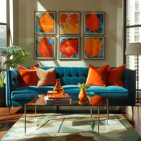 18+ Energetic Room Makeovers with Tangerine and Teal Color Schemes • 333+ Art Images Teal And Orange Living Room, Blue And Orange Living Room, House Color Schemes Interior, Teal Couch, Carpet Inspiration, Teal Rooms, Teal Color Schemes, Teal Interiors, Dnevna Soba