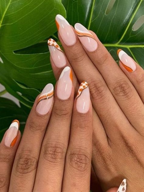 Burnt orange and white swirls on milky nails Burnt Orange Nails Designs Summer, Nail Designs Burnt Orange, Burnt Orange And Gold Nails, Terracotta Nails Designs, Rusty Orange Nails, Brown Orange Nails, Rust Nails Design, Fall Nails Burnt Orange, Rust Orange Nails