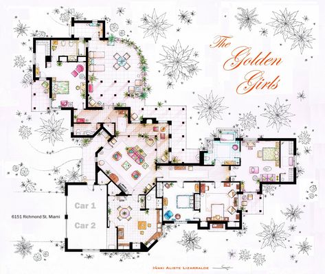 I'd LOVE to make this into a sims house! Golden Girls House, Floor Plan Sketch, Spanish Interior, Ted Mosby, Famous Houses, Apartment Floor Plan, Floor Plan Drawing, The Golden Girls, Apartment Floor Plans