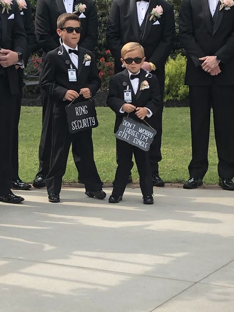 Brothers that are ring bearers/security guards Fbi Ring Bearer, Ring Bearer Secret Service, Ring Bear Security, Security Ring Bearer Boys, Multiple Ring Bearers, Ring Bearer Outfit Security, Ring Security Proposal Ideas, Three Ring Bearers, Diy Ring Bearer Proposal