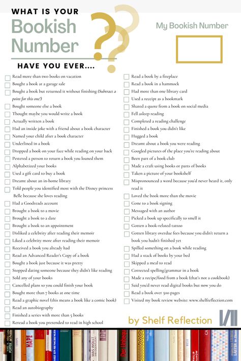 What is your bookish number? You love books. But exactly how bookish are you? Add one point for every item on this list that describes you and see what your score is. Share this fun list with your friends and see who is more bookish!
List created by Shelf Reflection Book Review Blog Book Club This Or That, Book Tbr Games, How To Comprehend What You Read, Book Recommendations Template, Reading This Or That, Book Retreat Ideas, Bookish This Or That, Book This Or That, This Or That Book Edition