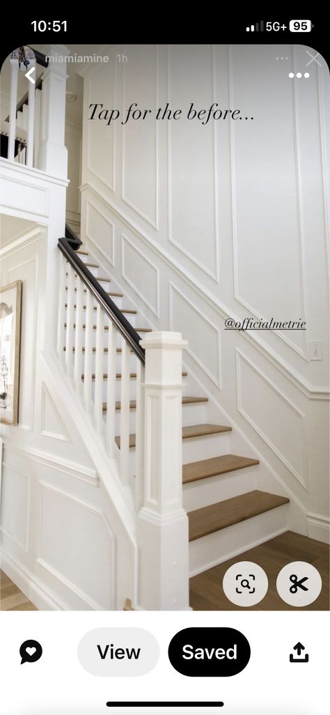 Staircase With Half Wall And Railing, Stairwell Wall Paneling, Stairway Wall Molding, Picture Frame Molding Stairs, Entry Molding, Trimwork Ideas, Hallway Paneling, Florida Townhouse, Stair Moulding