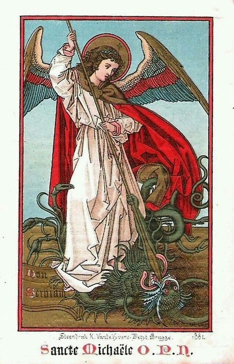 Vintage Holy Cards, Interesting Drawings, San Michele, Saint Michael, Angel Statues, Medieval Manuscript, Archangel Michael, Old Paintings, Catholic Art