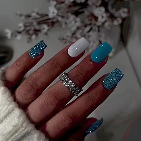 Blue Glitter Acrylics, Nail Ideas Squoval, Light Blue Nail Ideas, Nails Squoval, Glitter Stick, Nail Options, Nails Bling, Mani Ideas, Pedicure Ideas