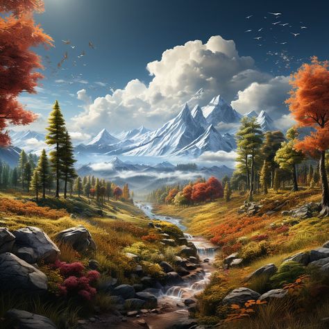 4 Seasons In One Picture, Four Seasons Landscape, The 4 Seasons Art, Four Seasons Painting, Beautiful Nature Landscape, Game Level Design, Beautiful Scenes, Beautiful Art Paintings, Level Design