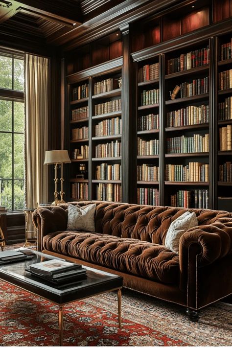 Elegant library room with a brown velvet sofa, floor-to-ceiling bookshelves, and a window letting in natural light. Custom Shelving, Base Moulding, Custom Built Ins, Beautiful Storage, Tv Wall Design, Wood Filler, Stud Walls, Living Room Tv Wall, Weekend Projects