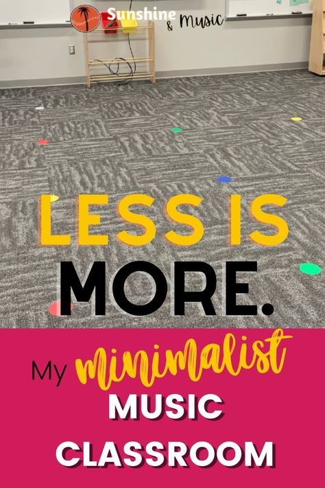 Picture of a simple but cheerful elementary music classroom titled "less is more. my minimalist music classroom" Music Classroom Organization Elementary, Decorate Music Classroom, Small Music Classroom Setup, Piano Classroom Decor, Music Room Elementary School, Preschool Music Classroom Decor, Music Classroom Setup, Music Classroom Aesthetic, Music Classroom Decor Ideas