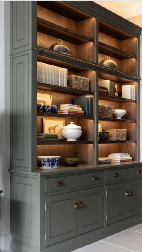 Free Standing Built Ins, Built In Bookshelves Accent Color, Built In Bookcase With Cabinets, Built In Shelf Colors, Painted And Stained Bookcase, Dining Room With Bookshelf, Two Toned Bookshelf, 2 Tone Built In Bookshelves, China Cabinet Turned Bookcase