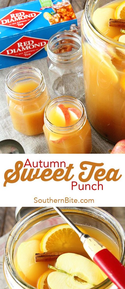 The delicious flavors of fall combine in this epic Autumn Sweet Tea Punch recipe! Sweet tea, apple cider, orange and pineapple juice, and cinnamon all make an appearance in this festive beverage.  #sponsored @reddiamondinc Fall Apple Cider Punch, Virgin Fall Punch, Autumn Harvest Punch Non Alcoholic, Harvest Apple Cider Punch, Fall Harvest Sparkling Apple Cider Punch, Tea Punch Recipe, Fall Punch Recipes, Autumn Tea Party, Thanksgiving Drinks