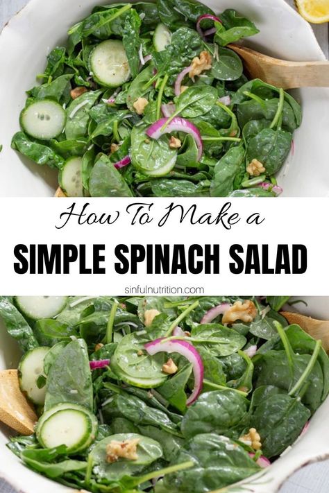 This quick and easy simple spinach salad recipe takes minutes to make, and is made with baby spinach, thinly sliced red onion and cucumber, chopped walnuts, grated parmesan cheese, and a tangy lemon vinaigrette. | @sinfulnutrition #sinfulnutrition #spinachsalad #summersalads Spinach Salad Vinaigrette Recipe, Spinach And Cucumber Salad, Basic Spinach Salad, Lemon Spinach Salad, Simple Spinach Salad Recipes, Salad With Spinach Leaves, Spinach Cucumber Salad, Summer Spinach Salad Recipes, Salad Recipes With Spinach