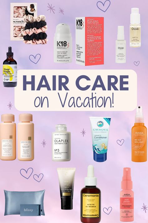 The Image reads- Hair care on vacation. There is a purple background with images of the best hair care products on the market that are perfect for hair growth and keeping your hair healthy on vacations. Products include k18 hair serum, Ouai vacation hair spray, Stream2Sea leave-in conditioner, scalp oil, Kristin Ess Shampoo and Conditioner, Olaplex hair mask, and Organic Olivia Magic Mane Hair drops. Travel Hair Products, Hair Vacation, Hair Care Essentials, Vacation Hair, Best Hair Products, Vacation Hairstyles, Travel Hair, Hair Repair Mask, Travel Hairstyles