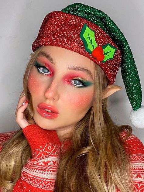 Christmas elf makeup looks Diy Elf Makeup, Cute Elf Hairstyles, Xmas Elf Makeup, Santa Elf Makeup, Christmas Elf Makeup Simple, Elf Costume Ideas Women, Elf Make Up Ideas, Cute Elf Makeup, Fun Christmas Makeup Looks