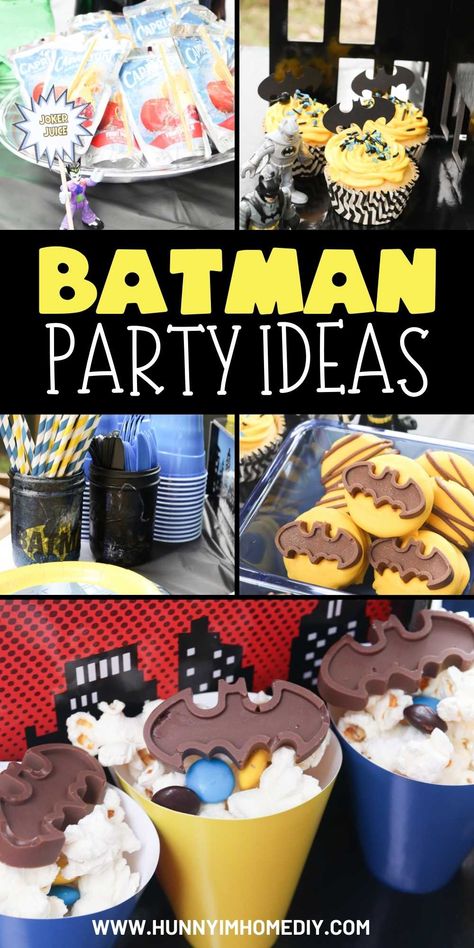 Awesome DIY Batman Birthday Party Batwheels Birthday Party Ideas, Batman Halloween Decorations, Batman 5th Birthday Party, Batman 3rd Birthday Party, Batman Themed Birthday Party Boys, Batman Birthday Party Food, Batman Birthday Food, Batman Party Food Ideas, Batman Food Ideas For Party