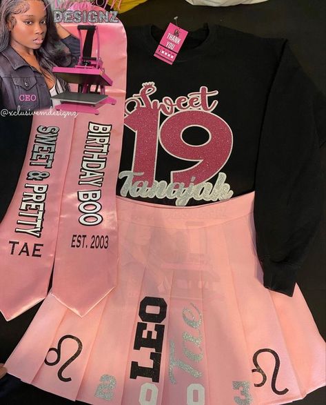 Sweater And Skirt Birthday Outfit, Custom Birthday Shirts Baddie, Sweet 16 Matching Outfits, Sweet 16 Clothes Outfits, 13 Year Birthday Outfits, 13 Birthday Outfit Ideas Purple, Sweet 16 Outfit Ideas Party, Birthday 2023 Outfit, Graduation Outfit Ideas Skirt And Shirt