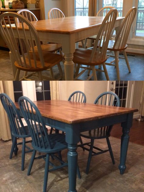 Update old table using chalk paint Update Wood Dining Table, Dining Table Painting Ideas Dining Room, Vintage Kitchen Table Makeover, Painted Table Ideas Colors, Diy Old Kitchen Table, Wood Table With Painted Chairs, Vintage Table Restoration, Kitchen Table Colors Painted, Painted Wood Dining Table