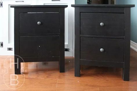 Ikea Hemnes Mid Century Modern Bedside Table Hack With PureBond Plywood | House by the Bay Design Ikea Hemnes Hack Nightstand, Hemnes Bedside Table Hack, Ikea Hemnes Nightstand Hack, Hemnes Nightstand Makeover, Ikea Bedside Table Hack, Hemnes Nightstand Hack, Ikea Bedside Tables, Bedside Table Hack, Ikea Bedside Table