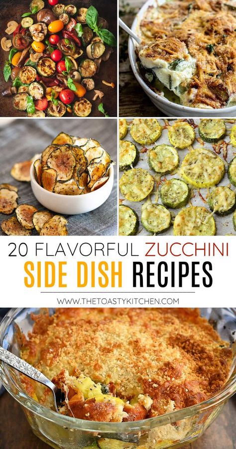 20 Zucchini Side Dish Recipes, a roundup by The Toasty Kitchen. Today I'm sharing 20 zucchini side dish recipes that are not only flavorful, but also easy to prepare at home with simple pantry ingredients. If you're looking for ways to use up that summer garden zucchini, you've come to the right place! #zuchini #sidedishes #zucchinirecipes #zucchinisidedishes #summer #squashrecipes #recipes Side Dish Zucchini Recipes, Side Dish With Zucchini, Side Dishes With Zucchini, Vegetable Side Dishes Zucchini, Side Dishes Zucchini, Best Zucchini Recipes Side Dishes, Zucchini Side Recipes Easy, Easy Zucchini Side Dish, Best Ways To Cook Zucchini