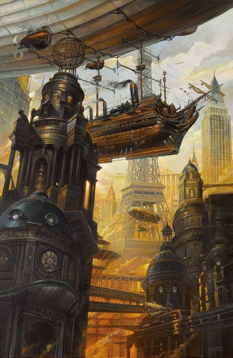 Design Stack: A Blog about Art, Design and Architecture: Visions of the future in Steampunk Digital & Traditional Art Ville Steampunk, Steampunk Illustration, Steampunk City, Steampunk Artwork, Steampunk Airship, Steampunk Aesthetic, Steampunk Tendencies, Steampunk Pirate, Art Steampunk