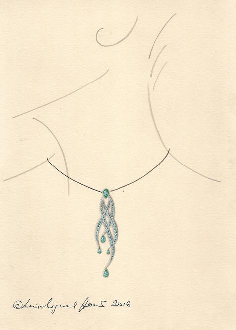 Design for an emerald pendant, in asymmetrical style, with emerald drops. Rendered in gouache and Chinese ink. Planet Jewelry, Jewel Drawing, Gem Drawing, Jewelry Rendering, Jewellery Design Sketches, Jewelry Education, Jewelry Illustration, Jewelry Design Drawing, Bridal Diamond Jewellery