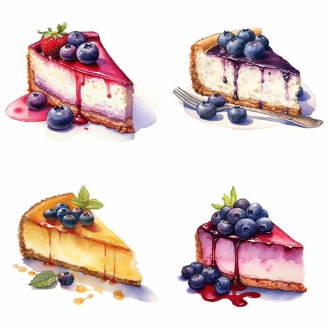 Watercolor Cheesecake, Dessert Art Drawing, Cheesecake Clipart, Cheesecake Drawing, Patisserie Illustration, Cheesecake Illustration, Desserts Illustration, Aesthetic Food Art, Food Art Drawing