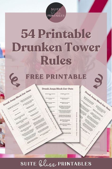 Drunk Jenga Drinking Game Rules Ideas, Rules For Drinking Games, Tipsy Tower Jenga, Drinking Game Cards Diy, Printable Drinking Games, Giant Jenga Drinking Game, Drunk Jenga Ideas Dirty, Jenga Truth Or Dare Ideas, Bachelorette Jenga