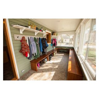 Front Porch Mudroom Enclosed, Mudroom Sunroom Combo, Porch To Mudroom, 4 Season Room Addition, Mud Room Addition, All Season Porch, Mudroom Entry, Alaskan Homes, Mudroom Addition