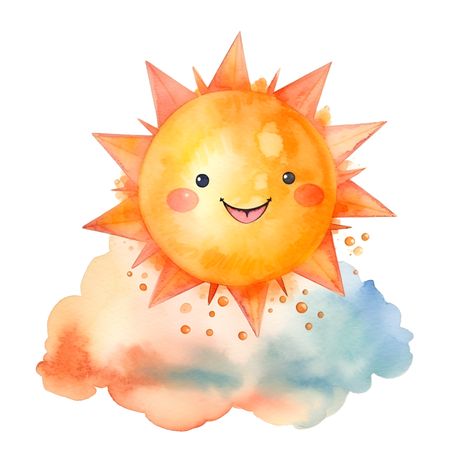 Happy Sun Clouds Watercolor Clipart AI Generated Sunshine Clipart, Sun Watercolor Painting, Sun Clipart, Sun Watercolor, Sun Cartoon, Sun And Moon Art, Woodland Animal Wall Art, Sun Drawing, Happy Sun