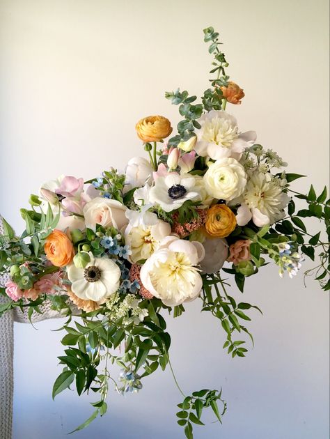 This summer wedding bouquet features peonies, anemones, ranunculus, and cascading greenery in a peachy apricot and blush color palette | Gold and Bloom floral design Apricot Wedding, Organic Inspiration, Ranunculus Wedding, Apricot Blush, Anemone Wedding, Ranunculus Bouquet, Anemone Bouquet, Peony Bouquet Wedding, Summer Wedding Bouquets