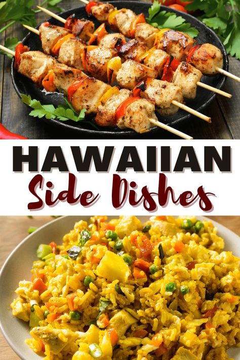 Recipes From Hawaii Food, Luau Party Menu Ideas, Hawaiian Food Ideas Parties, Sides For Hawaiian Chicken, Vegetarian Hawaiian Food, Luau Party Food For A Crowd, Luau Food Ideas Hawaiian, Hawaii Food Ideas, Polynesian Appetizers