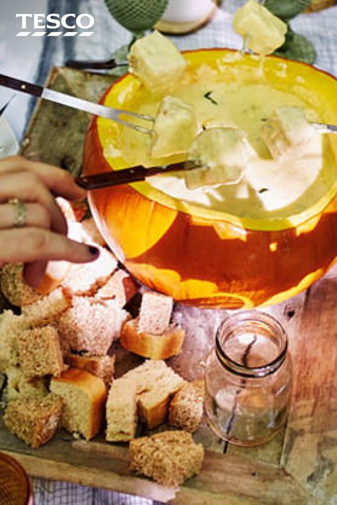 Pumpkin Fondue, Sage Butter, Tesco Real Food, Fondue Recipes, Roasted Pumpkin, Three Cheese, Roast Pumpkin, Piece Of Bread, Halloween Food For Party