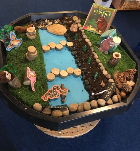 The Gruffalo Tuff Tray Ideas, Story Trays Eyfs, Julia Donaldson Tuff Tray Ideas, The Gruffalo Tuff Tray, The Gruffalo Eyfs, World Book Day Tuff Tray, Eyfs Gruffalo Activities, Grufallo Activities, Gruffalo Activities Eyfs Toddlers