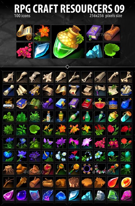 RPG Craft Resources 09 by a-ravlik | GraphicRiver 2d Rpg, Rpg Icons, Rpg Items, Resources Icon, Rpg Ideas, Props Art, Dungeons And Dragons Game, Game Interface, Pixel Art Design