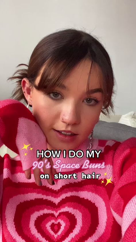 Spiky Space Buns Short Hair, Short Hair Space Buns With Bangs, How To Do Low Space Buns Short Hair, Short Hair Spiky Bun, Low Spiky Buns Tutorial, Spikey Space Buns Tutorial, Spiky Low Buns Short Hair, Spikey Bun Tutorial Short Hair, Low Space Buns Tutorial Short Hair