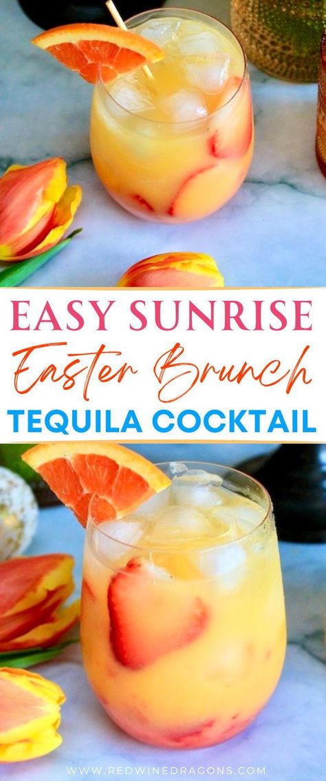 Serve this vibrant sunny strawberry cocktail with orange juice as a festive and easy Easter tequila cocktail for brunch.  #easter #easterbrunch #easterbrunchdrinks #eastertequilacocktail #tequilasunrise #brunchdrinks #easterdrinks Brunch Pitcher Cocktails, Easter Drinks For Adults Pitcher, Brunch Tequila Drinks, Tequila Brunch Cocktails, Easter Margarita Recipes, Easter Mixed Drinks, Easter Drinks Alcohol, Easter Punch Alcohol, Easter Margarita