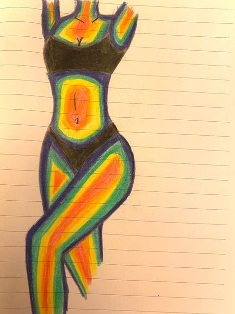 Rainbow Body Painting Canvas, Three Marker Challenge Drawings, Colorful Body Drawing, Rainbow Body Drawing, Thermal Drawing Ideas, Indie Drawings Colorful, Y2k Drawing Sketch Easy, Aura Sketch, Body Drawing Color