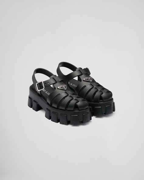 Black Foam rubber sandals | Prada Prada Rubber Sandals, Beach Silhouette, Rubber Sandals, Small Flat, Retro Designs, Cool Pins, Triangle Logo, Spring Summer 2022, North London