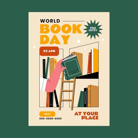 Book Event, World Book Day, Event Poster Design, Book Day, Vertical Poster, Book Posters, Event Poster, Flat Illustration, Poster Template