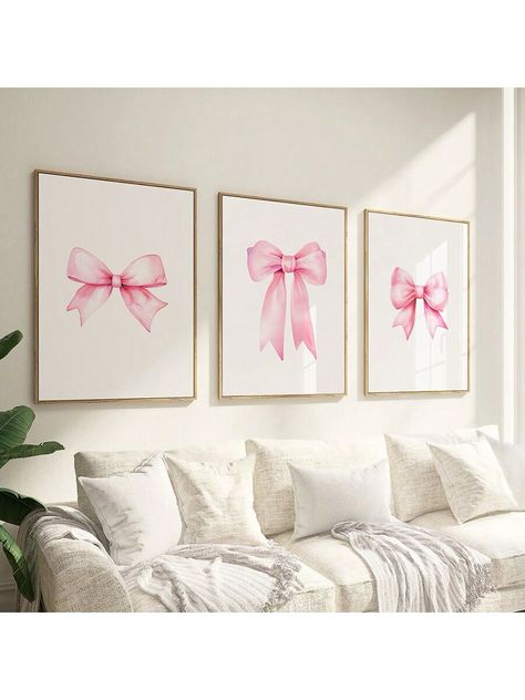 Set Of 3 Preppy Wall Art Canvas Paintings, Pink Bow Print,Preppy Poster,College Apartment Teen Room Decor ,Unframed 15.7x23.6 InchI discovered amazing products on SHEIN.com, come check them out! Pink Bow Room Decor, Bow Canvas Painting, Preppy Room Decor Stuff, Bow Room Aesthetic, Pink Bow Bedroom, Pink Bow Nursery Theme, Pink Bow Painting, Bow Wall Art, Bow Room Decor