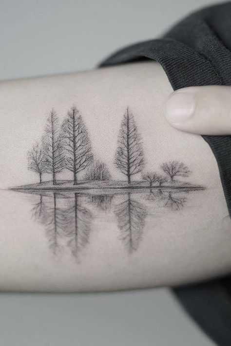 Winter Tattoo Ideas Reflection Tattoo, Natur Tattoo Arm, Winter Tattoo, Lake Tattoo, See Tattoo, Nature Tattoo Sleeve, Girls With Sleeve Tattoos, Landscape Tattoo, Muster Tattoos