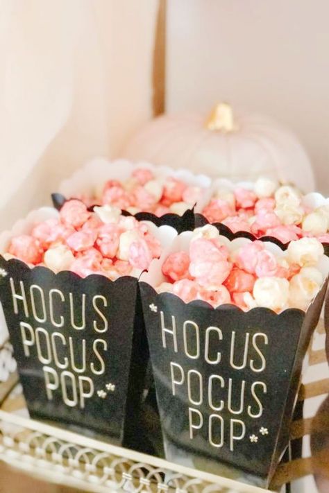 Ghouls are having fun at this pink Halloween Tea Party! Love the pink popcorn! See more party ideas and share yours at CatchMyParty.com Hocus Pocus Birthday Party Favors, Girly Halloween Tablescape, Preppy Halloween Party Ideas, Pink Halloween Party Invitation, Pink Witch Birthday Party, Pink Orange Halloween Party, Pink Halloween Dessert Table, Pink Halloween Party Favors, Pink Ghost Halloween Party