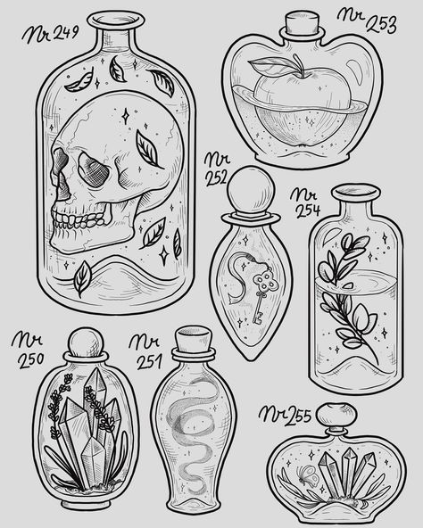 Witchy Projects, How To Draw Witchy Things, Witchy Art Inspiration, Witchy Sketch Ideas, Witchy Aesthetic Art, Witch Style Tattoo, Tattoo Journal, Witchy Line Tattoo, Potion Jar Tattoo